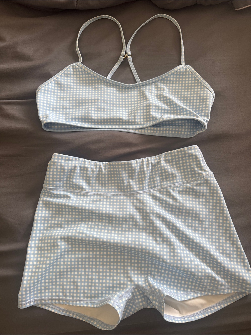 Light Blue Gingham Active Set - Crop Top & High-Waist Shorts